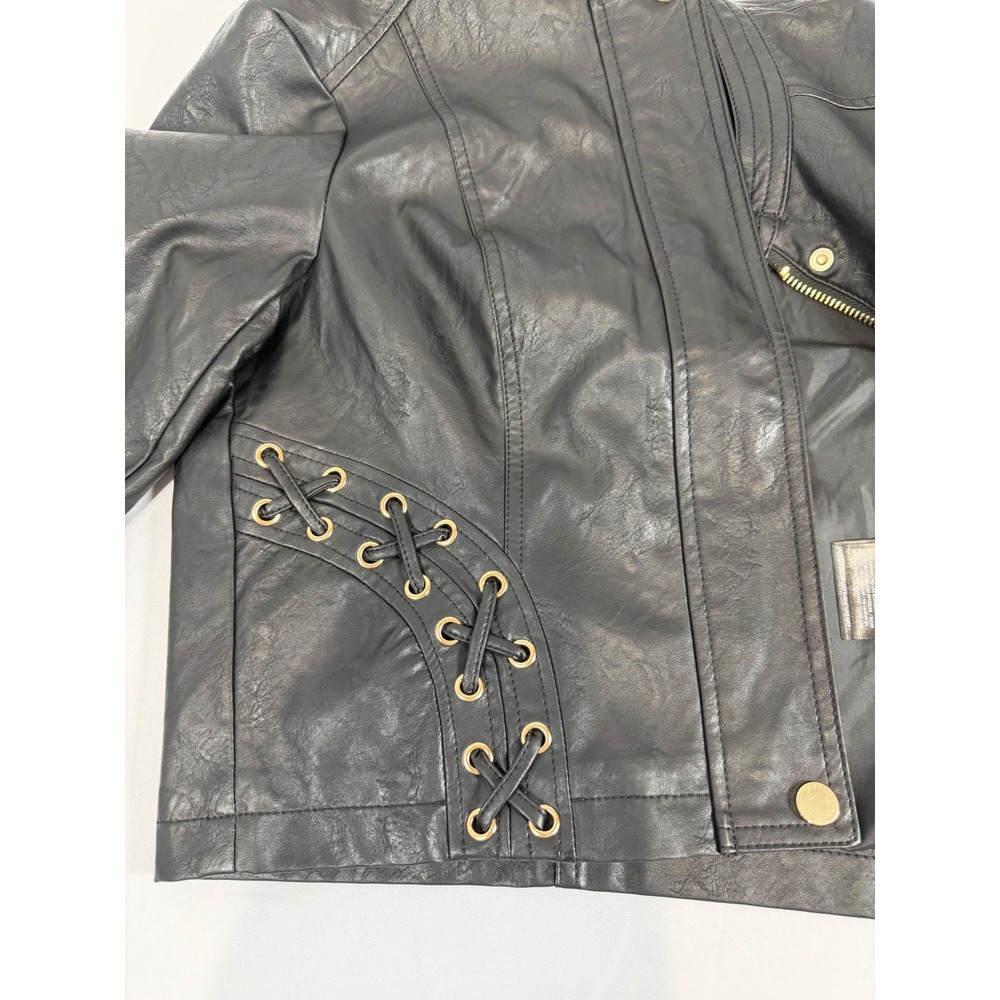 GUESS Ciena STC Moto PU Jacket Jet Black Lace Up Faux Leather R5RL61WGKP0 Size S - Picture 3 of 11